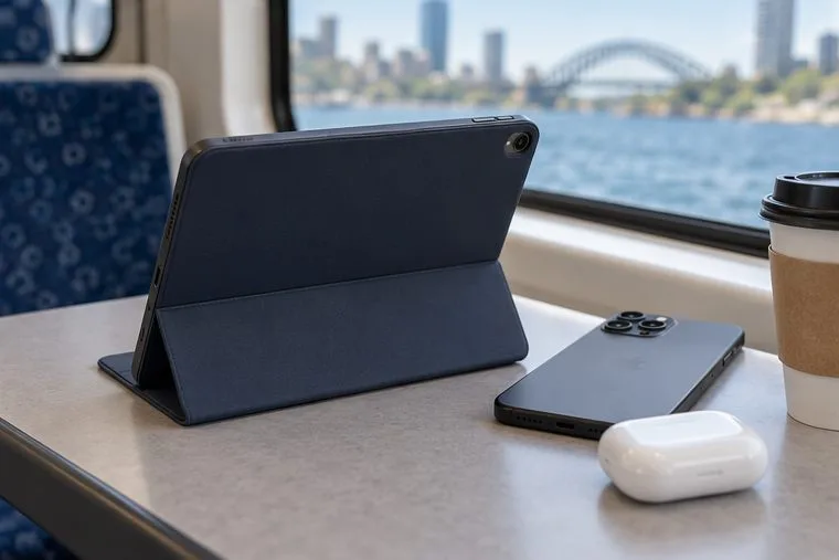 A compact tablet in a folio case sits beside a phone and wireless earbuds near a ferry window