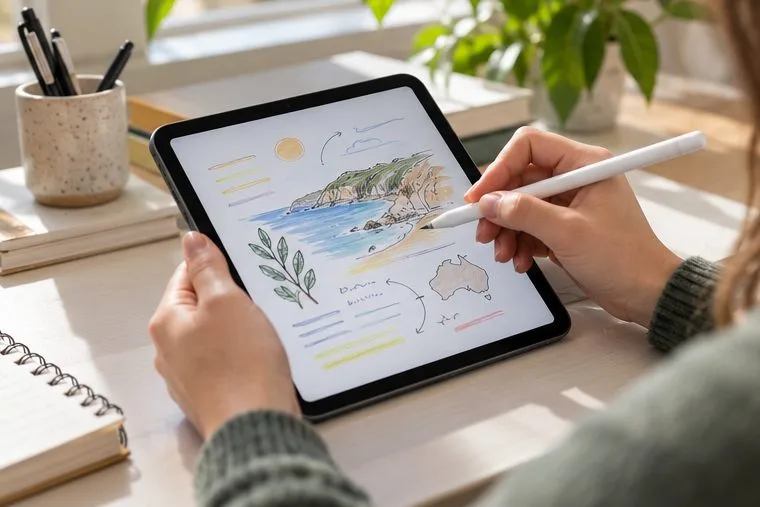 A person writes and sketches on a compact tablet with a white stylus at a bright desk