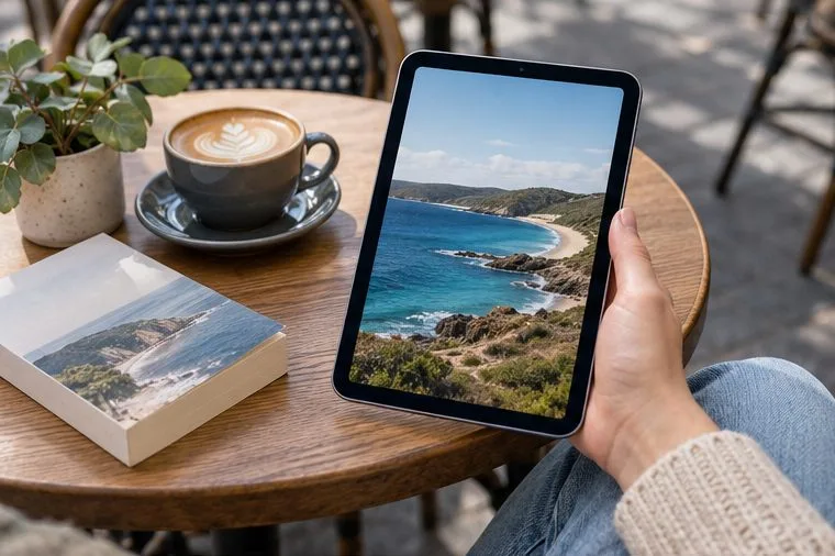 A person holds a compact tablet in one hand beside a paperback and coffee at a cafe table