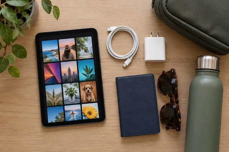 A compact tablet, USB-C cable, charger, notebook, sunglasses, and water bottle arranged on a desk