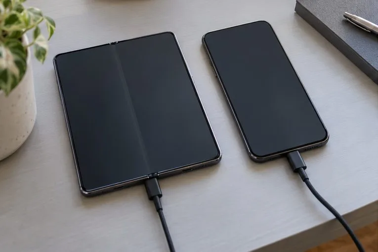 一部摺疊手機與另一支手機並排放在桌面，兩部裝置都連接充電線
