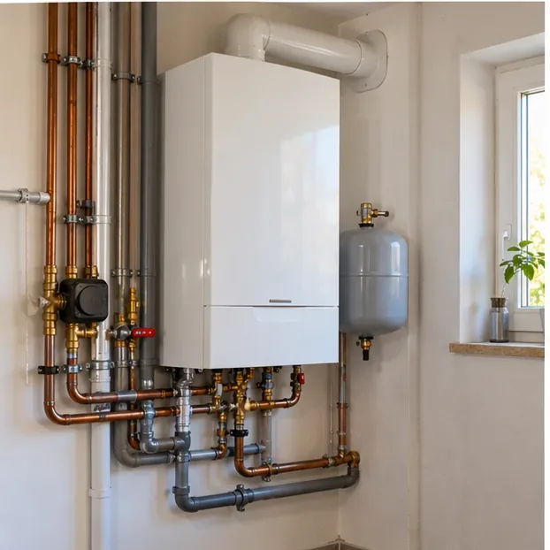 Wiszący kocioł gazowy z widocznymi rurami i naczyniem instalacyjnym w pomieszczeniu technicznym