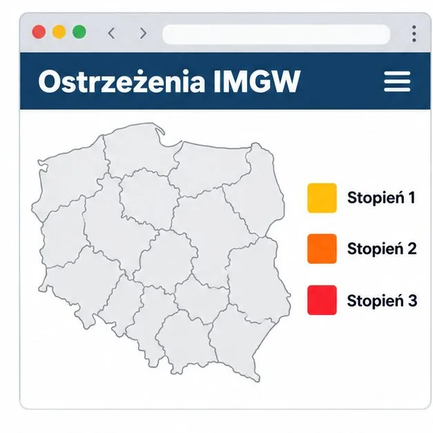 Schemat mapy Polski z neutralnymi granicami regionów i legendą stopni ostrzeżeń IMGW od 1 do 3
