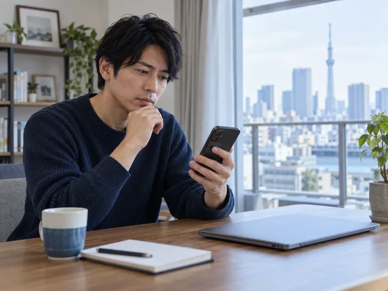 A man in a Tokyo apartment checks his phone beside a closed laptop