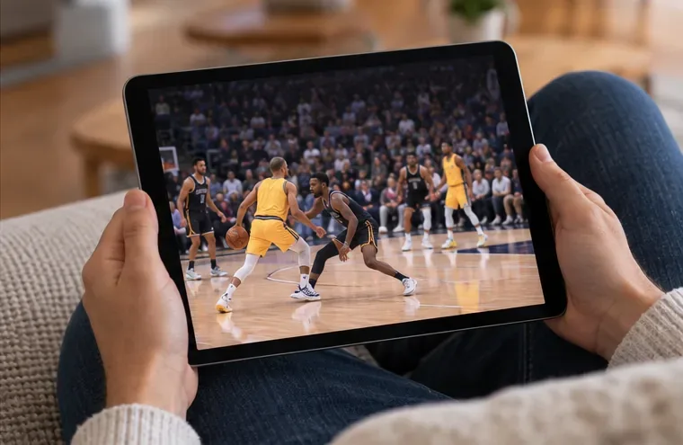 A seated viewer holds a tablet displaying generic basketball action