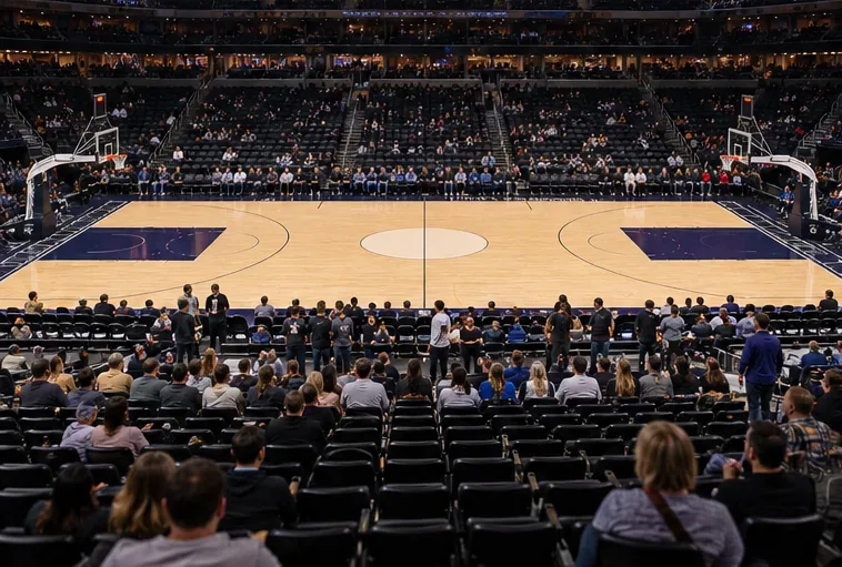 Spectators take their seats around an indoor basketball court with a blank center circle