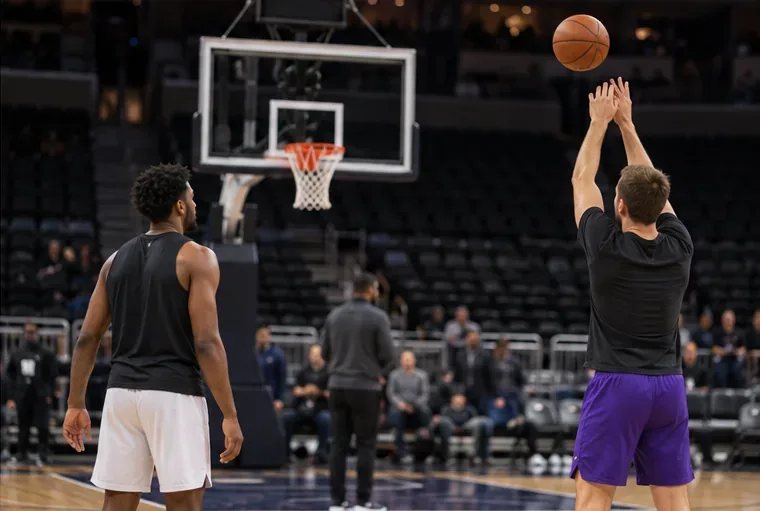Two basketball players in plain practice clothes warm up near a hoop