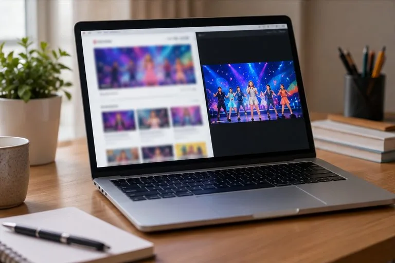 Un portátil abierto muestra una página borrosa de información y un vídeo de una actuación musical