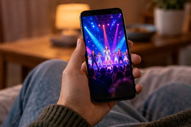 Una mano sostiene un teléfono que reproduce un clip vertical de un escenario musical iluminado