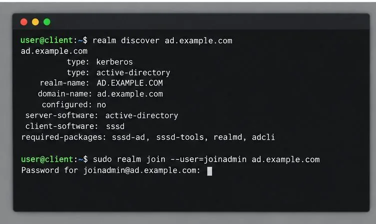 ตัวอย่างการใช้งานเทอร์มินัลที่คำสั่ง realm discover ค้นหา Active Directory และคำสั่ง realm join ร้องขอรหัสผ่านบัญชีที่จะเข้าร่วม