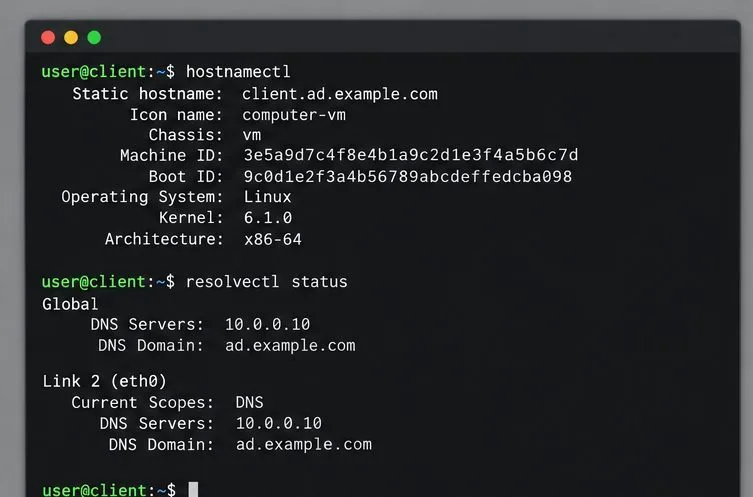 ตัวอย่างการตรวจสอบชื่อโฮสต์และตัวแก้ไข DNS ของ Linux สำหรับโดเมน ad.example.com ผ่านทางเทอร์มินัล