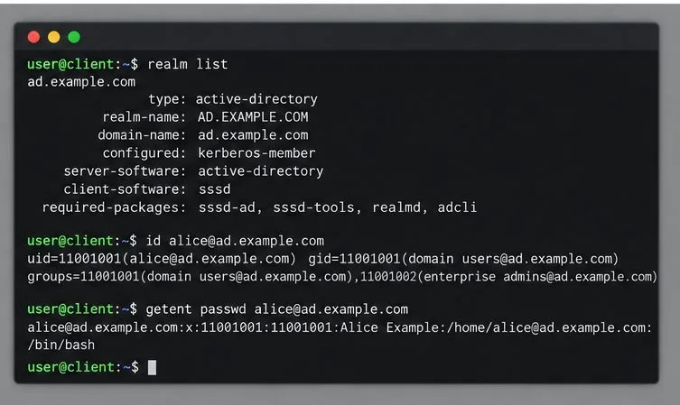 ตัวอย่างคำสั่งในเทอร์มินัลเพื่อยืนยันการเป็นสมาชิกโดเมนและระบุผู้ใช้ Active Directory ด้วย id และ getent
