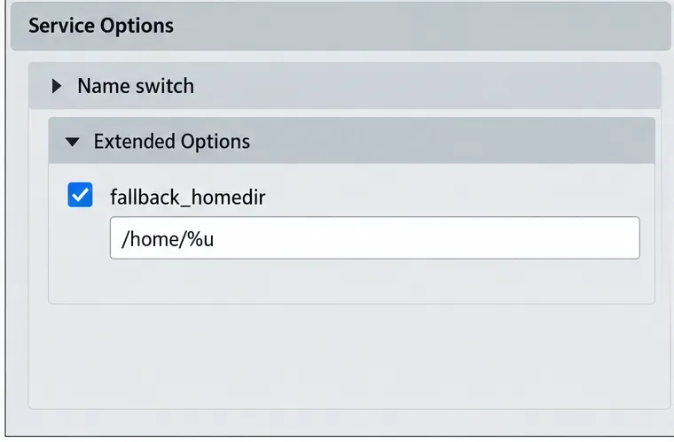 The Name switch extended options show fallback_homedir set to /home/%u.