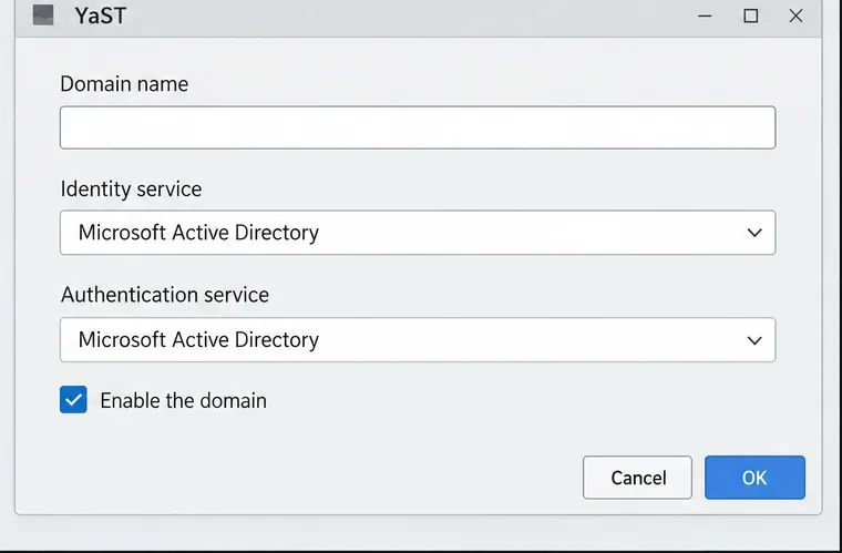 The Add Domain dialog shows Microsoft Active Directory selected for identity and authentication, with Enable the domain checked.
