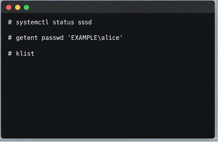 A terminal lists commands to check the SSSD service, look up an example domain user, and inspect the Kerberos ticket cache.