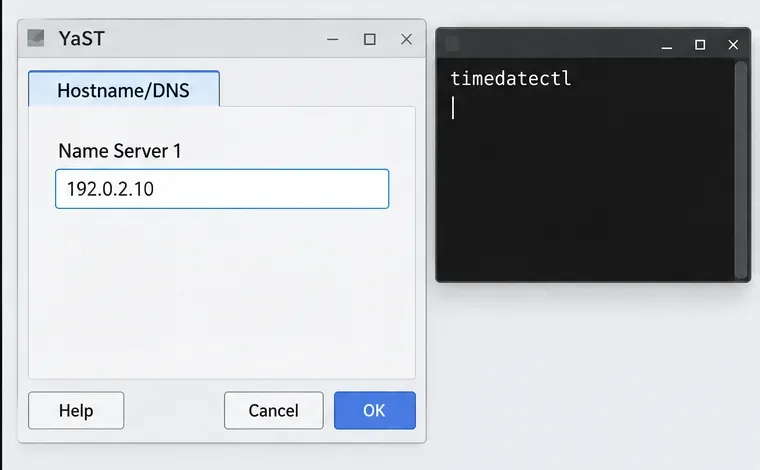 YaST Hostname/DNS shows the Name Server 1 field with a sample address, beside a terminal displaying timedatectl.