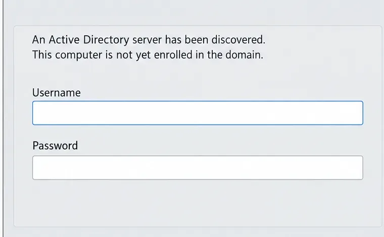 The enrollment dialog says an Active Directory server was discovered and shows empty Username and Password fields.
