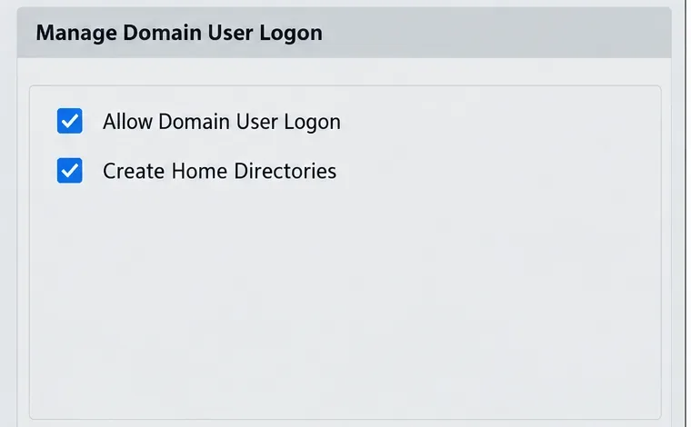 Manage Domain User Logon shows the Allow Domain User Logon and Create Home Directories options.