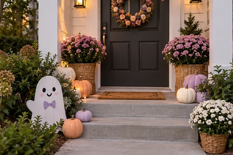 A front porch has a smiling ghost lawn sign, pastel pumpkins, flower planters, and a visibly clear walkway to the door.