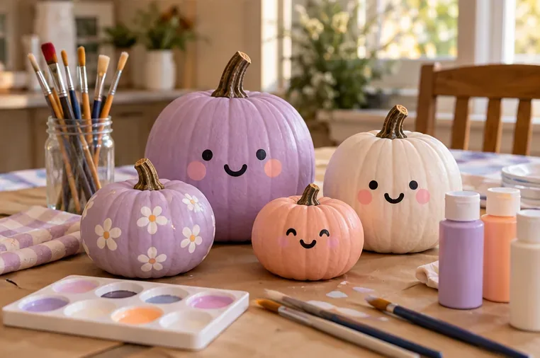 Several intact pumpkins painted in lavender, peach, and cream with simple smiling faces sit beside paintbrushes and a palette.