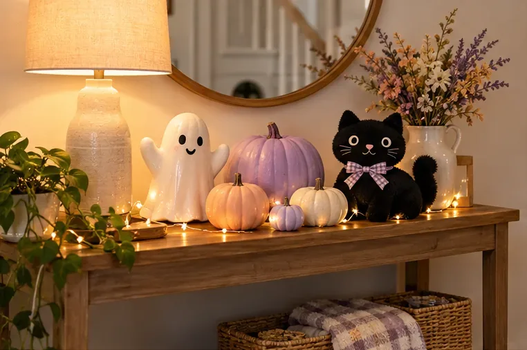 A wooden entry console holds pastel pumpkins, a smiling ceramic ghost, a plush black cat, and warm string lights.