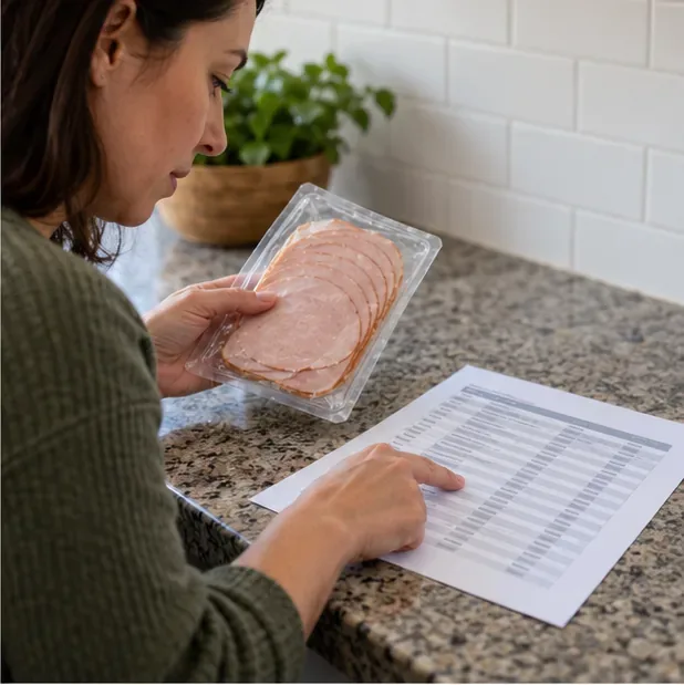 A shopper compares a sealed meat package with rows on a printed recall product list