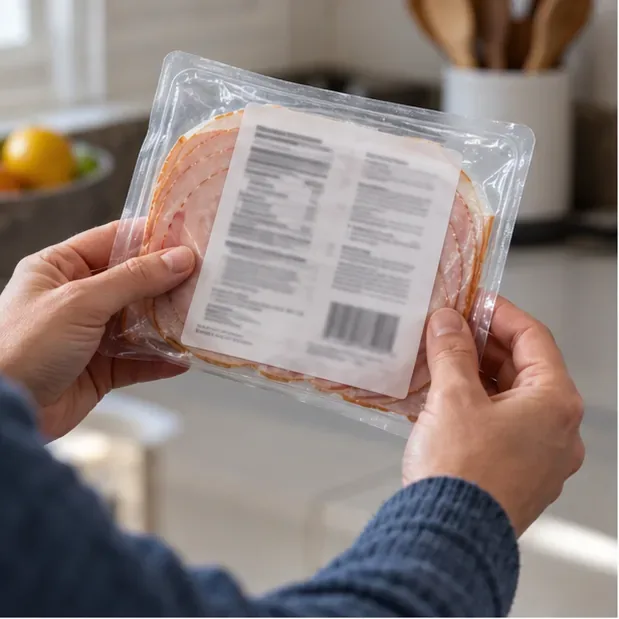 Hands turn a sealed, unbranded package of sliced meat to inspect the back label