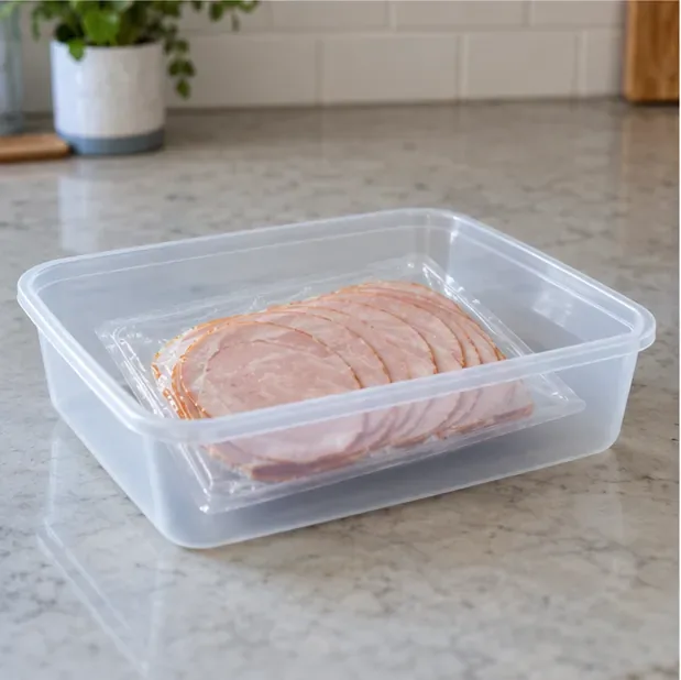 A sealed package of sliced meat sits apart in a clear tray on a clean kitchen counter