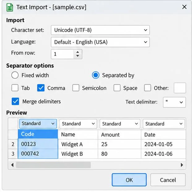 Cuadro de diálogo de importación de texto de LibreOffice Calc con la coma seleccionada y la columna Código resaltada en la vista previa, mientras que su tipo de columna es Estándar.