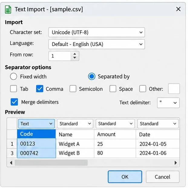 Vista previa de la importación de texto de Calc con la columna Código configurada como Texto y los valores 00123 y 000742 visibles con sus ceros iniciales.