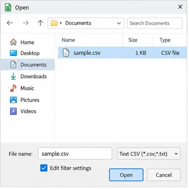Cuadro de diálogo de apertura de archivos de LibreOffice con sample.csv seleccionado y la opción "Editar configuración de filtro" marcada.