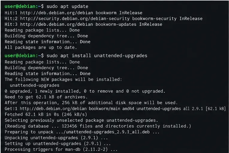 Terminale SSH che mostra l'esecuzione di apt update seguita dall'installazione di unattended-upgrades su Debian.