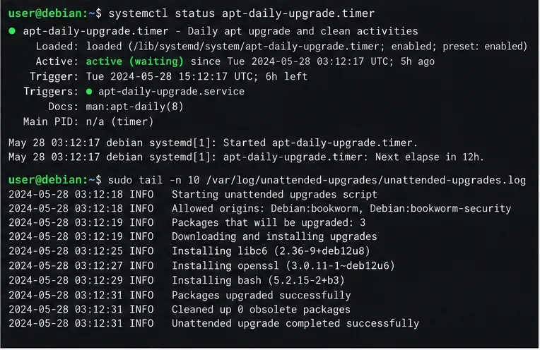 Illustrazione del terminale che mostra lo stato attivo del timer apt-daily-upgrade e alcune righe di log di esempio relative agli aggiornamenti automatici.