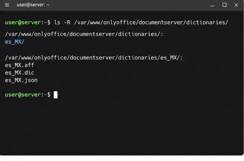 หน้าต่างเทอร์มินัล Linux แสดงไดเร็กทอรีพจนานุกรม ONLYOFFICE และโฟลเดอร์ es_MX ซึ่งประกอบด้วยไฟล์ .aff, .dic และ .json ที่ตรงกัน