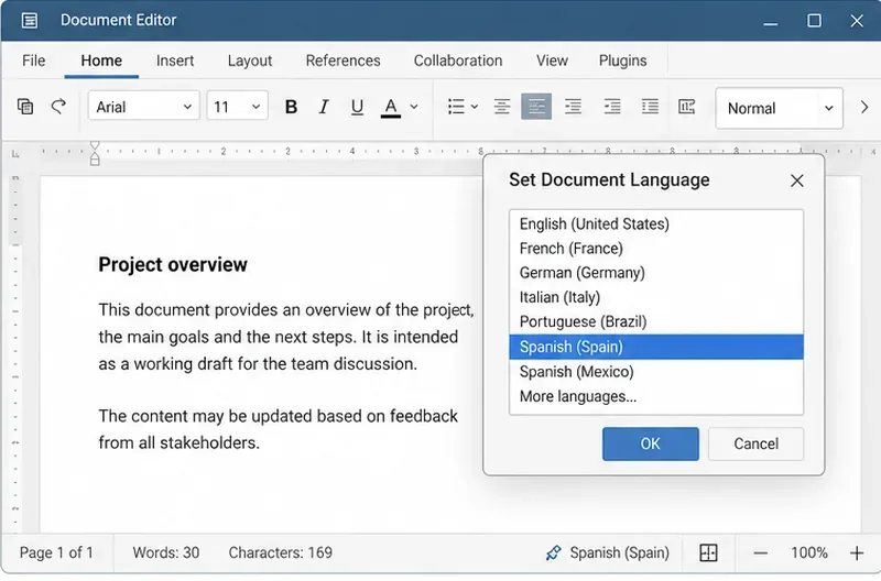โปรแกรม ONLYOFFICE Document Editor ที่เปิดหน้าต่างตั้งค่าภาษาเอกสาร และไฮไลต์ภาษาสเปน (สเปน)