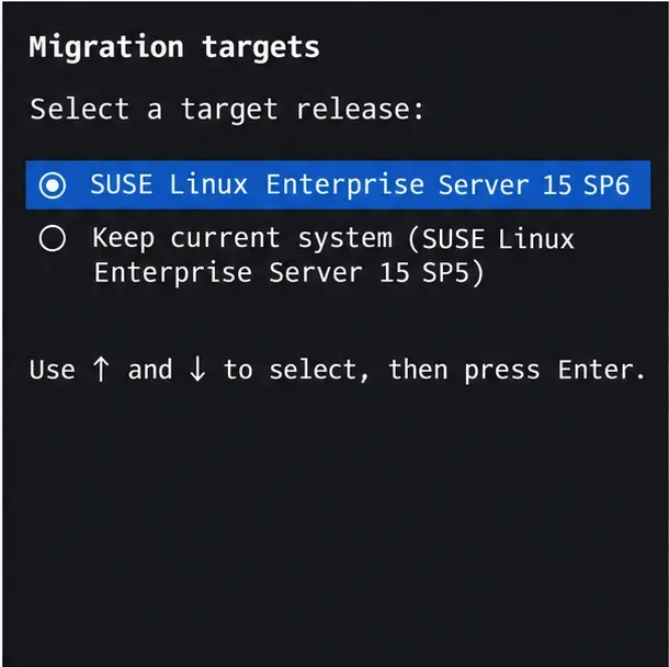 Schermata di destinazione della migrazione a scopo illustrativo con SLES 15 SP6 selezionato