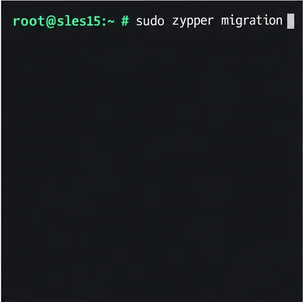 Terminale illustrativo con il comando zypper migration pronto per esaminare i target dei service pack disponibili
