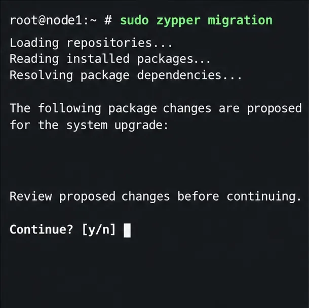 Esempio di prompt del terminale per rivedere le modifiche al pacchetto prima di continuare la migrazione del service pack.