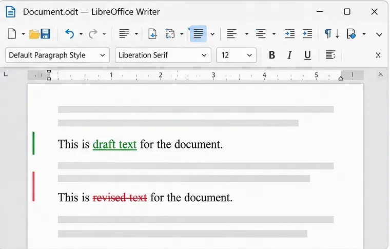 Writer page showing an underlined insertion, a struck-through deletion, and change bars in the margin