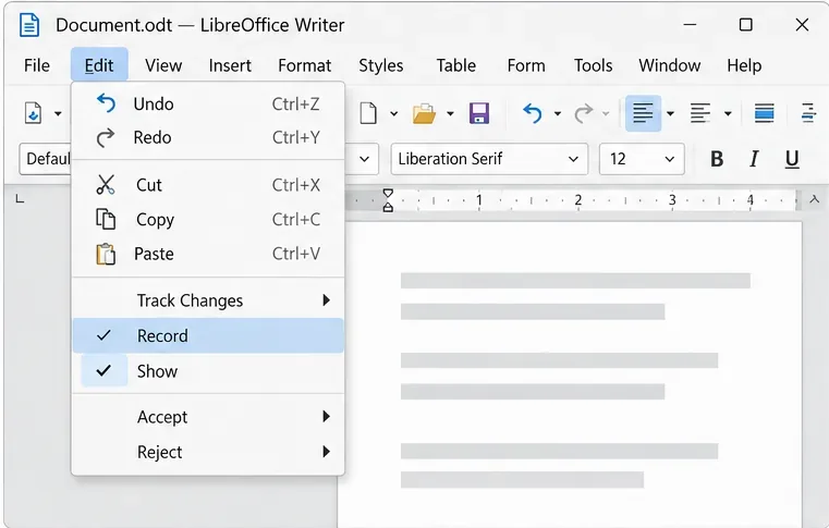 LibreOffice Writer Edit menu with Track Changes expanded and Record and Show checked
