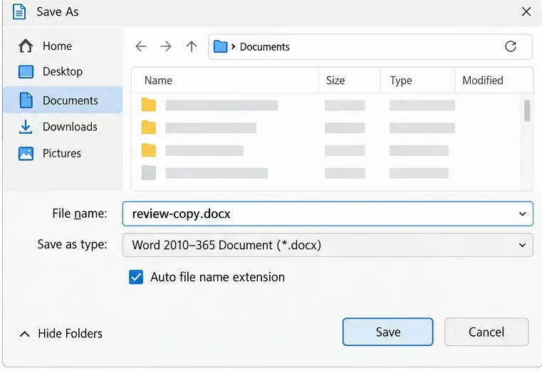 LibreOffice Save As dialog with proposal-review.docx and Word 2010–365 Document selected