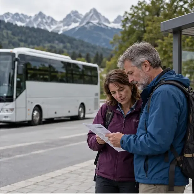 Zwei Reisende vergleichen Fahrinformationen an einer Haltestelle vor einem Reisebus.