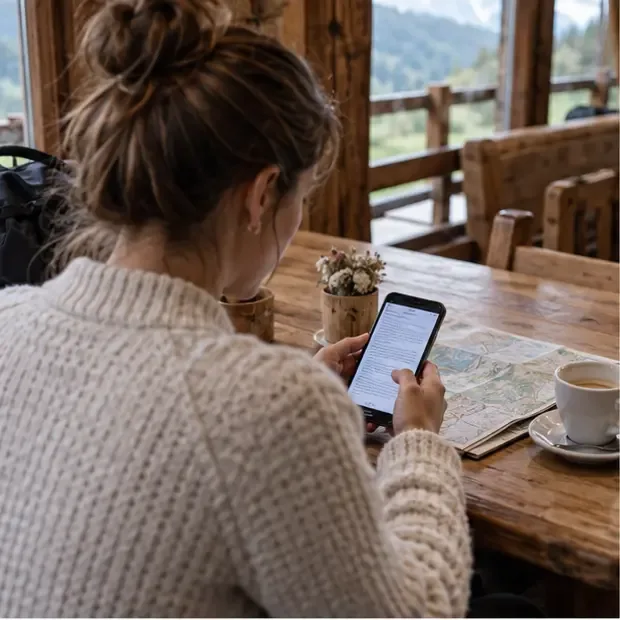 Eine Reisende prüft eine Mitteilung auf dem Smartphone, bevor sie ihre Fahrt plant.