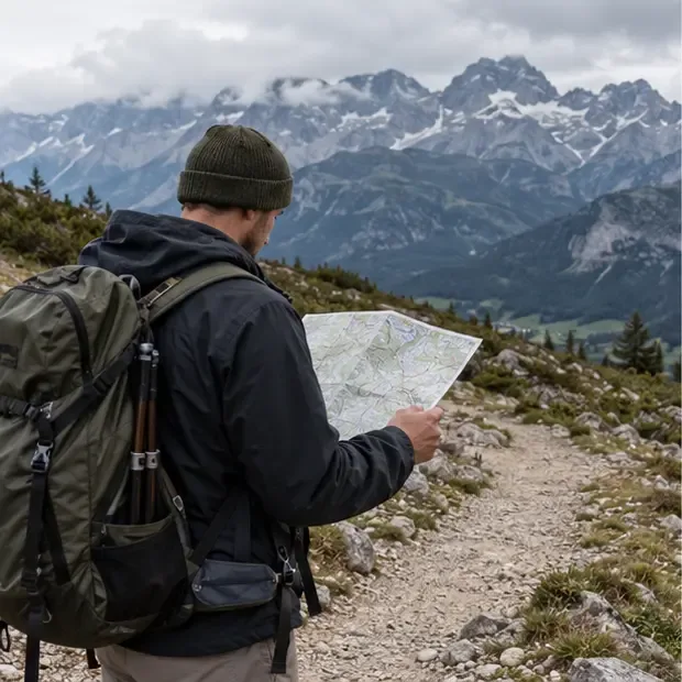 Ein Wanderer prüft eine gefaltete Karte auf einem alpinen Wanderweg.
