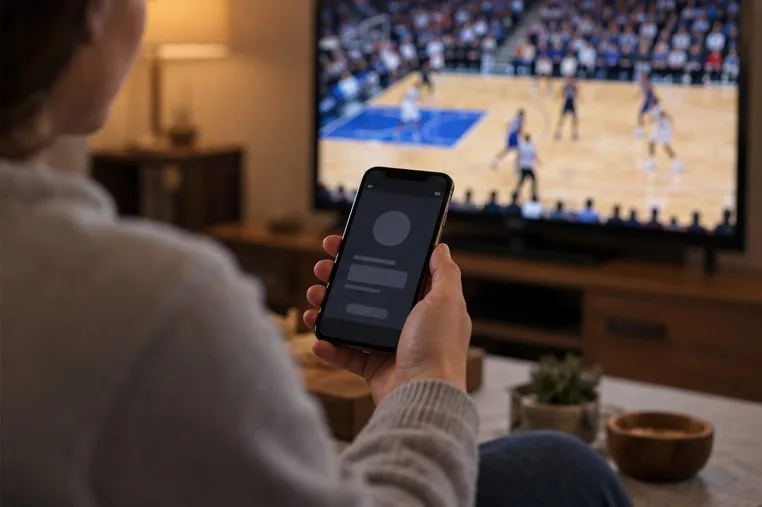 A fan holds a smartphone while a basketball broadcast plays on a television in the background.