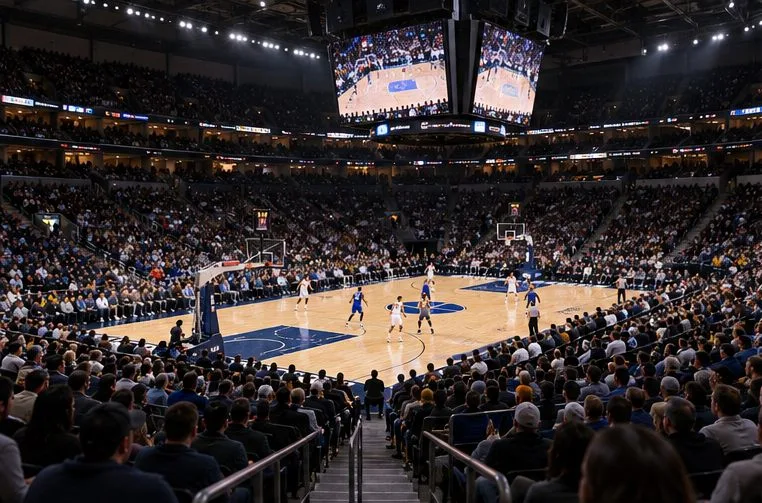 A crowded indoor basketball arena with players on the court, viewed from high in the stands.