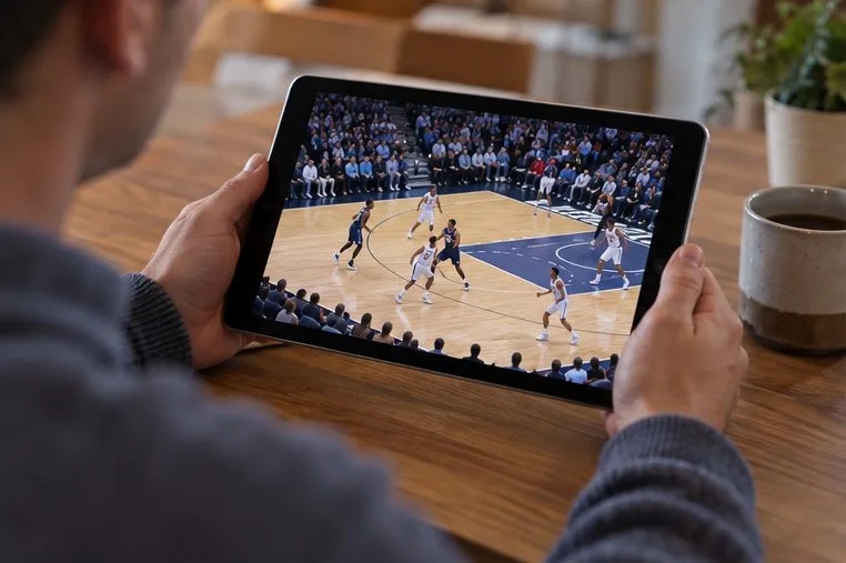 A viewer holds a tablet showing a basketball game while seated at a table.