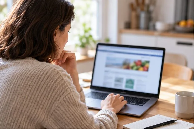 Eine Person prüft an einem Laptop die Meldungsübersicht eines Lebensmittelwarnportals