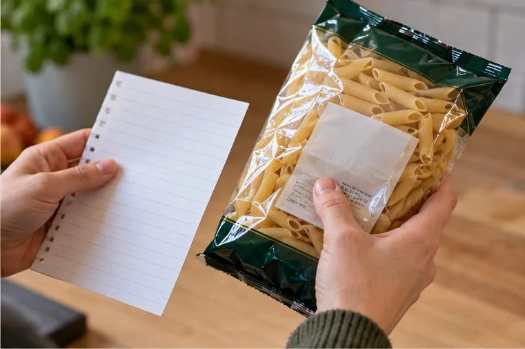Hände vergleichen die Kennzeichnung einer verschlossenen Lebensmittelpackung mit einer Notiz