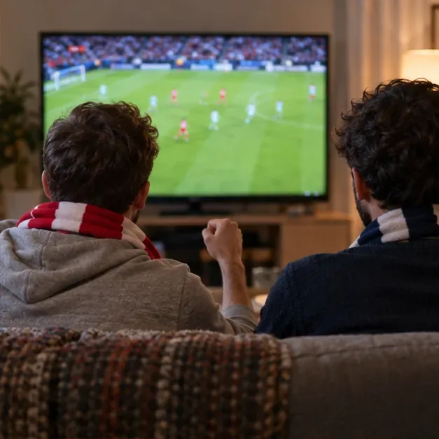 Deux supporters regardent une retransmission de football dans leur salon.